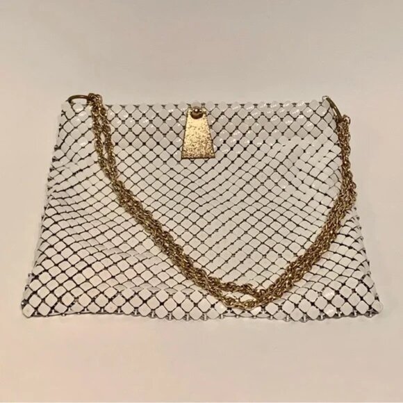 Whiting & Davis Handbags - Vintage Whiting & Davis White Metal Mesh Handbag Gold Chain Link Straps 10”